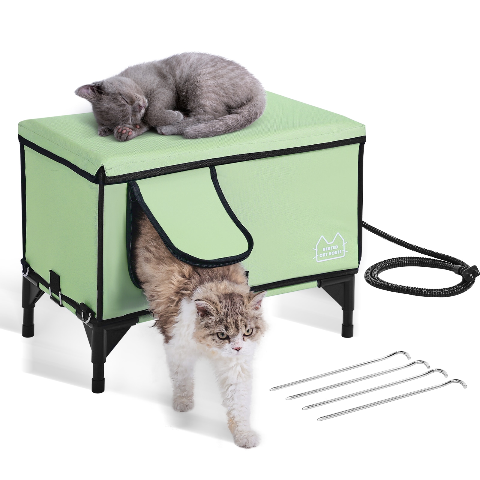 Heated Elevated Cat House Shelter With Warming Pad For Pets Green_voghion.com